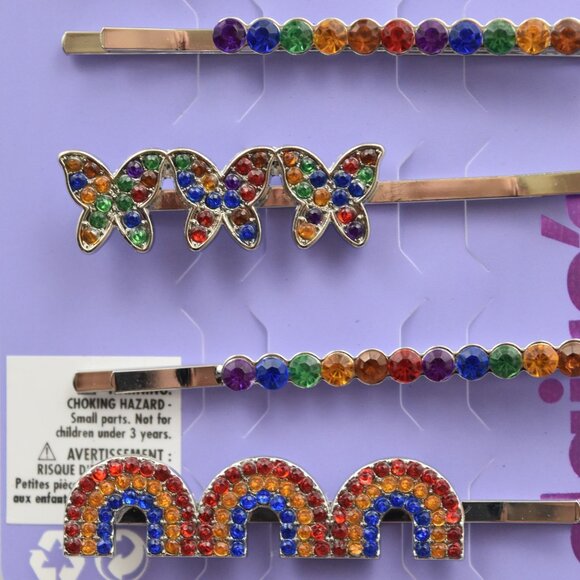 Claires Barrettes Set of 5 Heart Butterfly Rainbow Jewels Mutli Colors - Picture 4 of 5